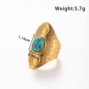 Adjustable gold snake ring with oval turquoise stone in vintage stainless steel style