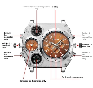 Detail guide of Oulm oversized dual time zone watch with brown dial and silver metal case