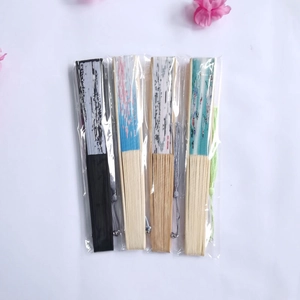 Set of four elegant bamboo silk folding fans with tassels in varied artistic patterns
