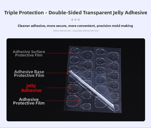 Detailed view of 3-layer double-sided transparent nail adhesive tabs in various sizes