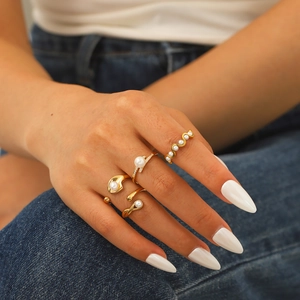 Elegant Stainless Steel Ring With Inlaid Artificial Pearl And Zircon Waterproof Hypoallergenic Open Adjustable Jewelry For Women
