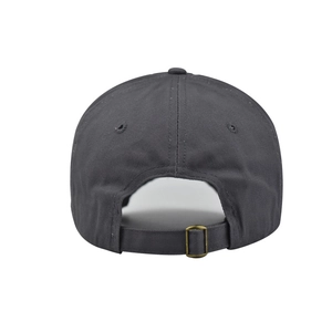 Detail of dark grey washed cotton baseball cap with adjustable vintage metal buckle