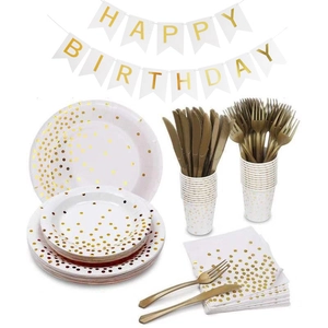 White and gold polka dot party tableware set with plates, cups and birthday banner
