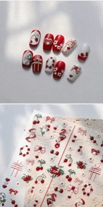Detail of sweet cherry and strawberry embossed nail stickers with 3D texture design