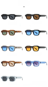 Detailed catalog showing nine color variants of thick square frame sunglasses with tinted lenses