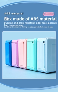 Macro detail of multi-colored ABS plastic stationery boxes showing side hinge structure