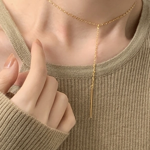 925 Sterling Silver Necklace Minimalist Y Shaped Lariat Long Bar Pendant For Women Elegant Daily Fashion Jewelry