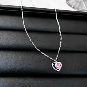 Pink heart zircon bow pendant necklace on a silver chain for women