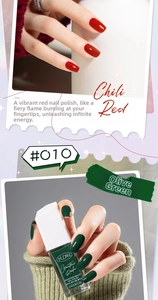 Detail view of Chili Red and Olive Green quick-dry peelable nail polish bottles