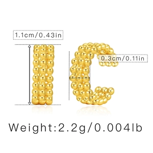 Detail view of 18K gold plated C-shaped ear cuff with three rows of beads and dimensions