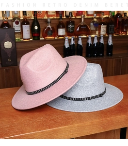 Retro style wool felt fedora hats with rivet ribbon detail in pink and grey colors