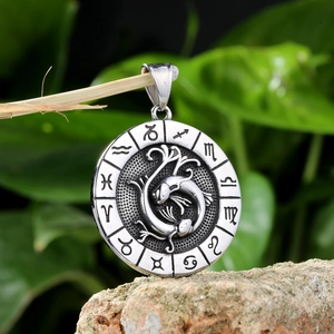 Macro shot of silver stainless steel Pisces pendant with zodiac symbols on a tree branch