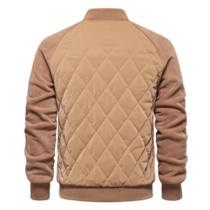 Back view of quilted bomber jacket with fleece sleeves and ribbed knit trims in beige