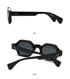 Detailed side and back views of black narrow hexagonal sunglasses with gold rivet accents