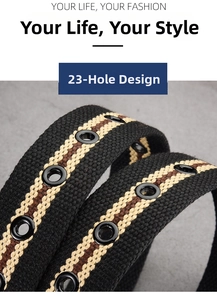 Detail of canvas belt showing dense weave with 23 double matte black metal eyelets