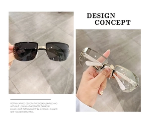 Close-up of rimless square sunglasses featuring sparkling rhinestone accents on lens