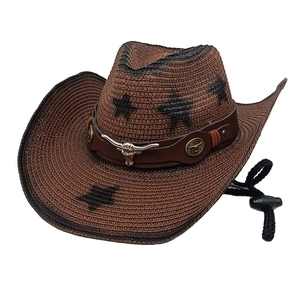 Western Cowboy Straw Hat Vintage Star Pattern Wide Brim Sunshade Beach Outdoor Summer Breathable Wind Rope Bull Head