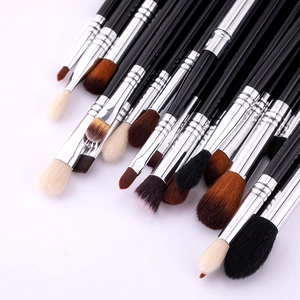 Close-up of professional 19-piece eye makeup brush set with black handles and silver ferrules