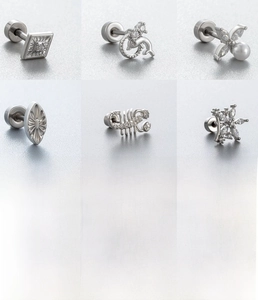 Set of 6 silver titanium steel ear studs featuring dolphin and scorpion designs with zircon