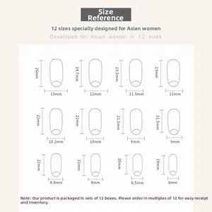 Size reference chart showing twelve oval pink glitter press-on nail dimensions in millimeters