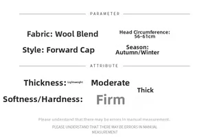 Size specifications for wool blend flat cap showing 56-61cm head circumference guide