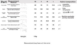 Detailed size chart for striped tie-waist shirt including bust and length measurements