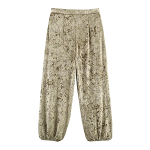 Women vintage champagne gold lantern trousers with high waist and retro floral patterns