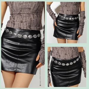 Three-way split view of vintage silver flower engraved waist belt on black leather skirt
