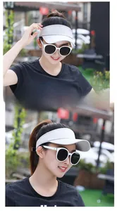 Close-up of white sun visor hat with embroidery detail and wide brim for sun protection