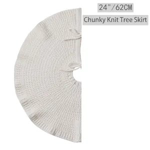 Chunky knit 24-inch off-white Christmas tree skirt with ruffled edge and tie closure