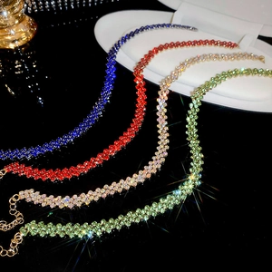 Luxurious geometric diamond choker set in blue, red, silver, and green rhinestone colors