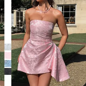 Femme Robe Courte Bustier Jacquard Floral Asymétrique Volants Tube Top Moulante Cocktail Soirée Élégante Été