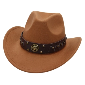 Classic brown felt cowboy hat with vintage studded leather band and gold emblem detail