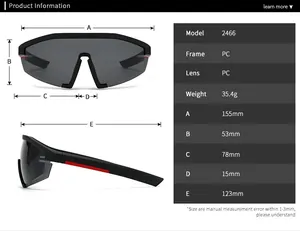 Detailed size chart and specifications for oversized retro PC frame sunglasses model 2466