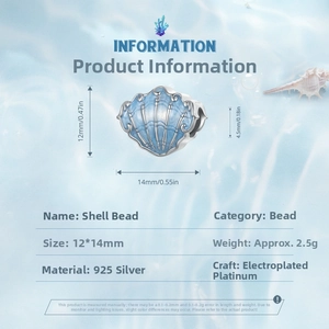 Detail view of 925 silver ocean shell bead with blue enamel, size 12x14mm for DIY jewelry