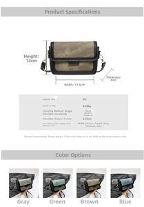 Detailed chart showing PU leather crossbody bag dimensions and available color options