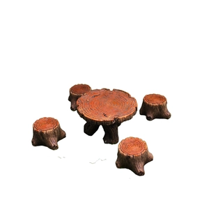 Five-piece miniature garden furniture set with tree stump design and realistic wood texture