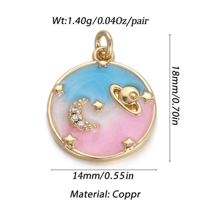 Detailed view of enamel starry sky charm with measurements and material specifications