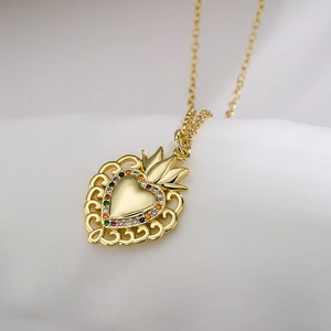 Elegant 18K gold plated heart pendant necklace with crown detail and colorful stones