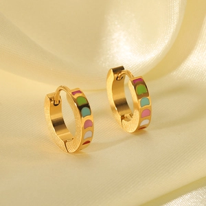 French vintage 18K gold plated stainless steel hoop earrings with colorful enamel dripping