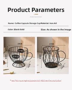 Detailed size chart for black and gold metal wire coffee capsule storage baskets