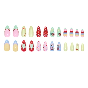 24pcs almond press-on nails with colorful ladybug dots and 3D rhinestones