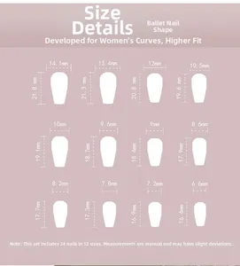 Size chart showing 24 pieces of ballerina shape press-on nails in 12 different sizes