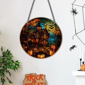 Halloween hanging acrylic plaque with haunted house, pumpkin and bat icons for porch decor