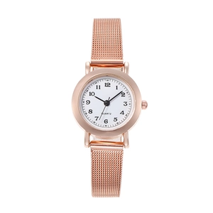 Women's rose gold mesh strap quartz watch with minimalist white dial and Arabic numerals