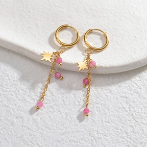 Pendientes de estrella en acero chapado oro 14K con cadena larga y perlas rosa