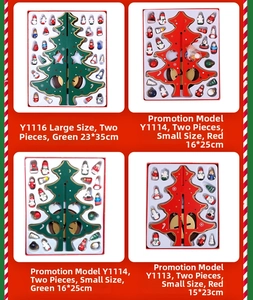 Detail view of DIY wooden Christmas tree packaging sets with various sizes and ornaments