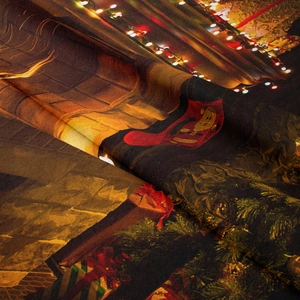Detail of bohemian Christmas tapestry fabric with digital print of festive fireplace scene