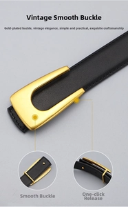 Detail of gold-plated smooth buckle and quick-release feature on black leather belt