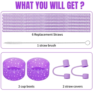 Glitter purple replacement straws kit with brush and silicone covers for tumblers